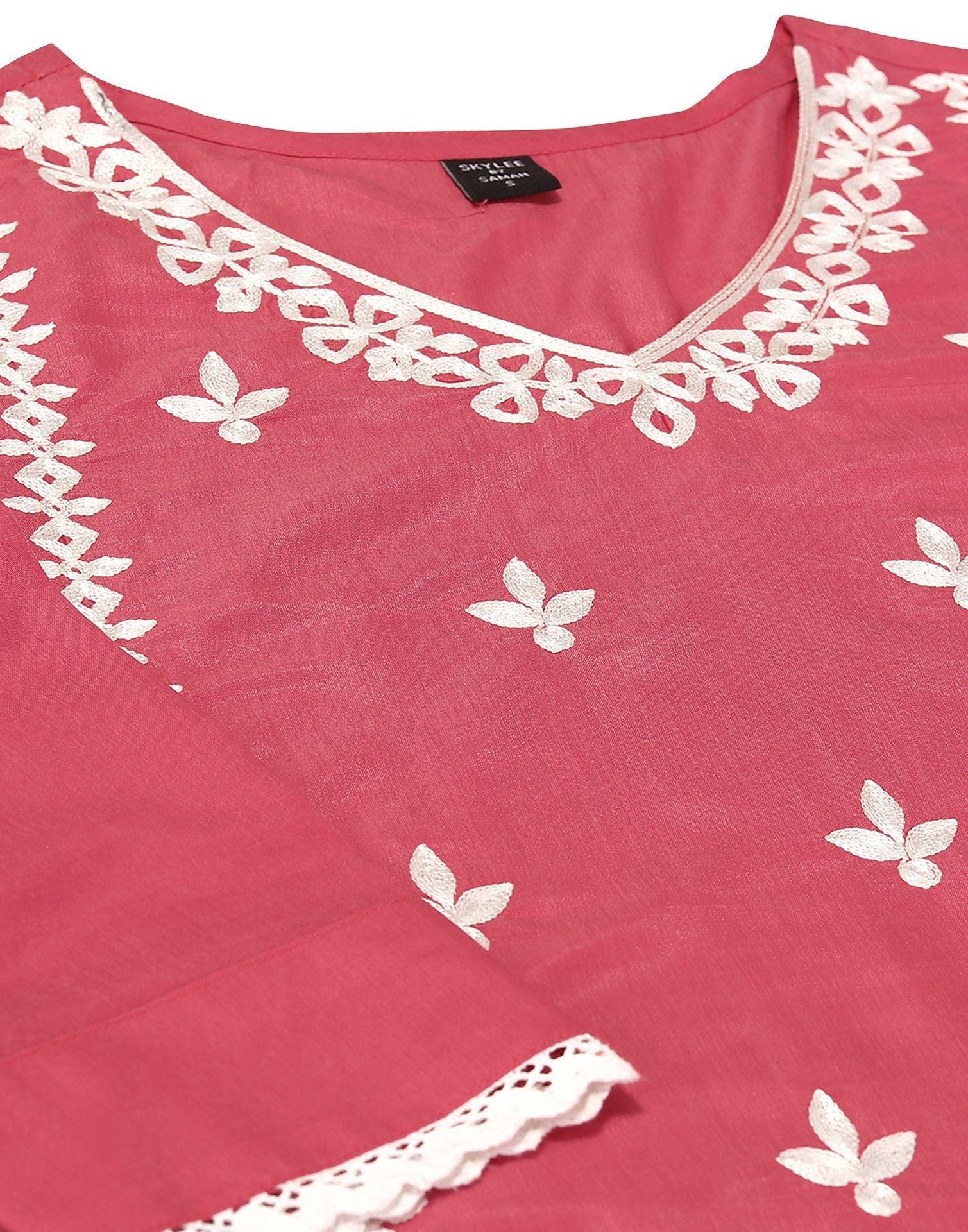 Pink Embroidery Chinnon Straight Kurta Set With Dupatta