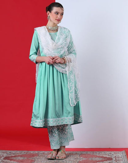 Sea Green Embroidered Kurta With Pant And Dupatta