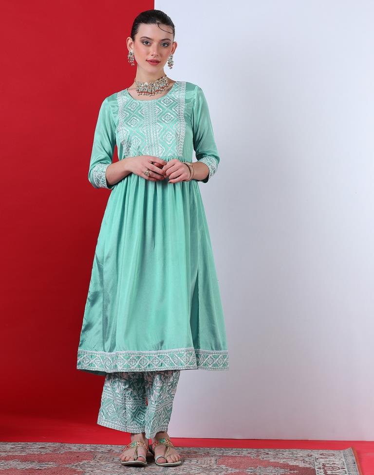 Sea Green Embroidered Kurta With Pant And Dupatta