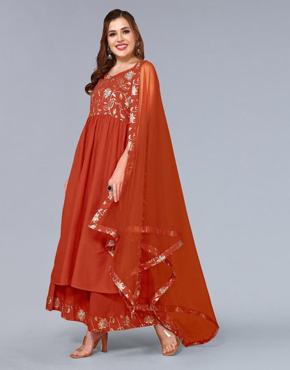 Rust Orange Embroidery Chinnon A-Line Kurta With Pant And Dupatta
