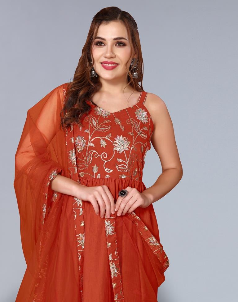 Rust Orange Embroidery Chinnon A-Line Kurta With Pant And Dupatta