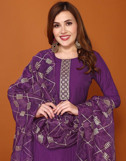 Purple Chinnon Embroidery Sharara Suit Kurti With Pant And Dupatta | Leemboodi
