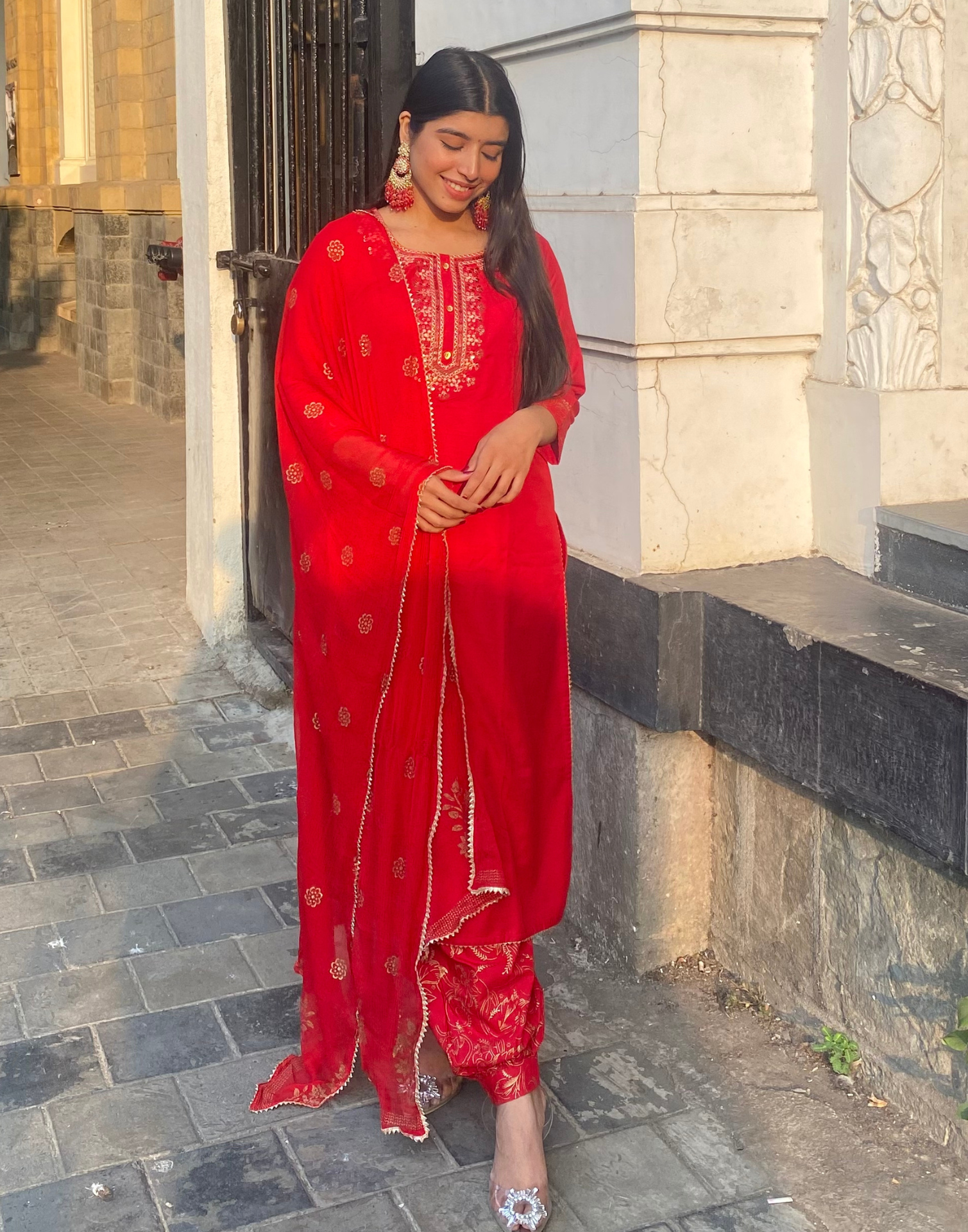 Red Embroidered Kurti With Pant And Dupatta