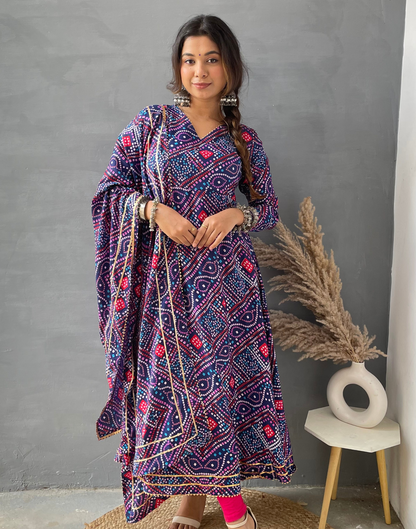 Navy Blue Printed Georgette Flared Kurta With Dupatta