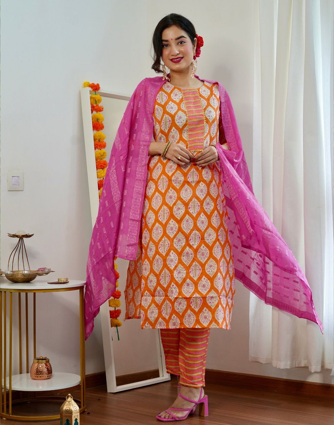 Light Orange Cotton Printed Kurta With Pant And Dupatta