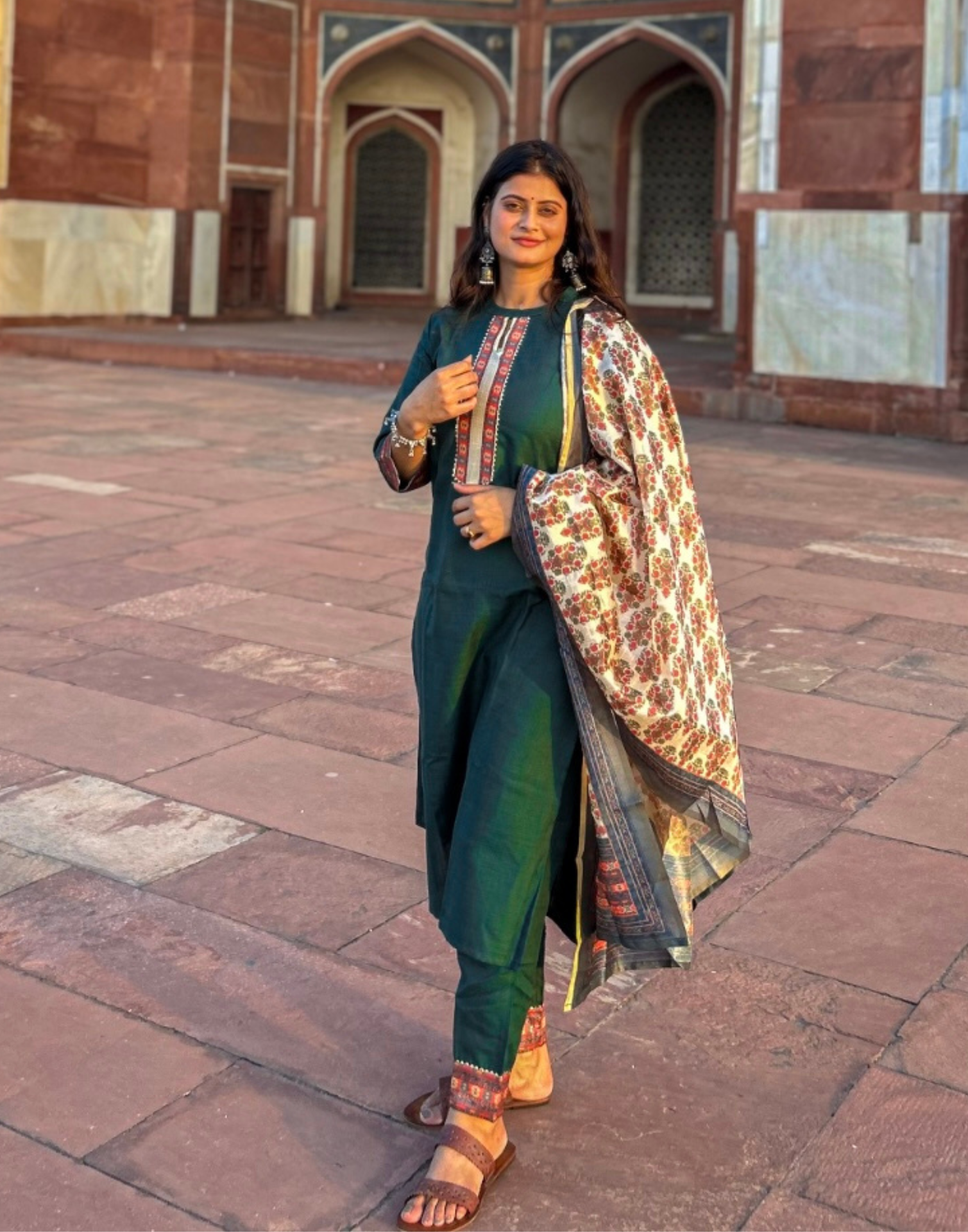 Bottle Green Kurti With Pant And Dupatta