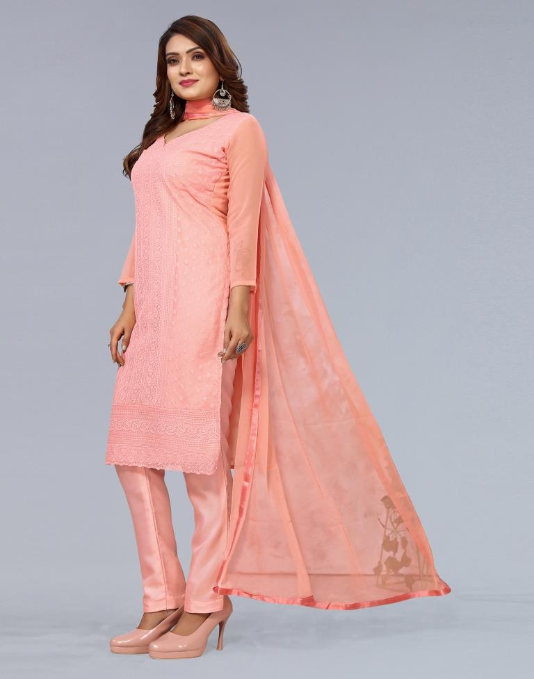 Peach Embroidery Georgette Straight Kurta With Pant And Dupatta