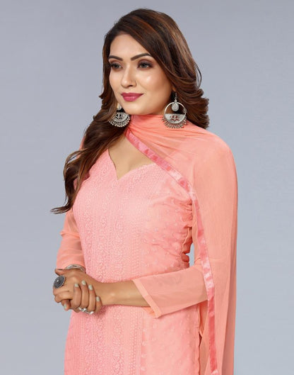 Peach Embroidery Georgette Straight Kurta With Pant And Dupatta