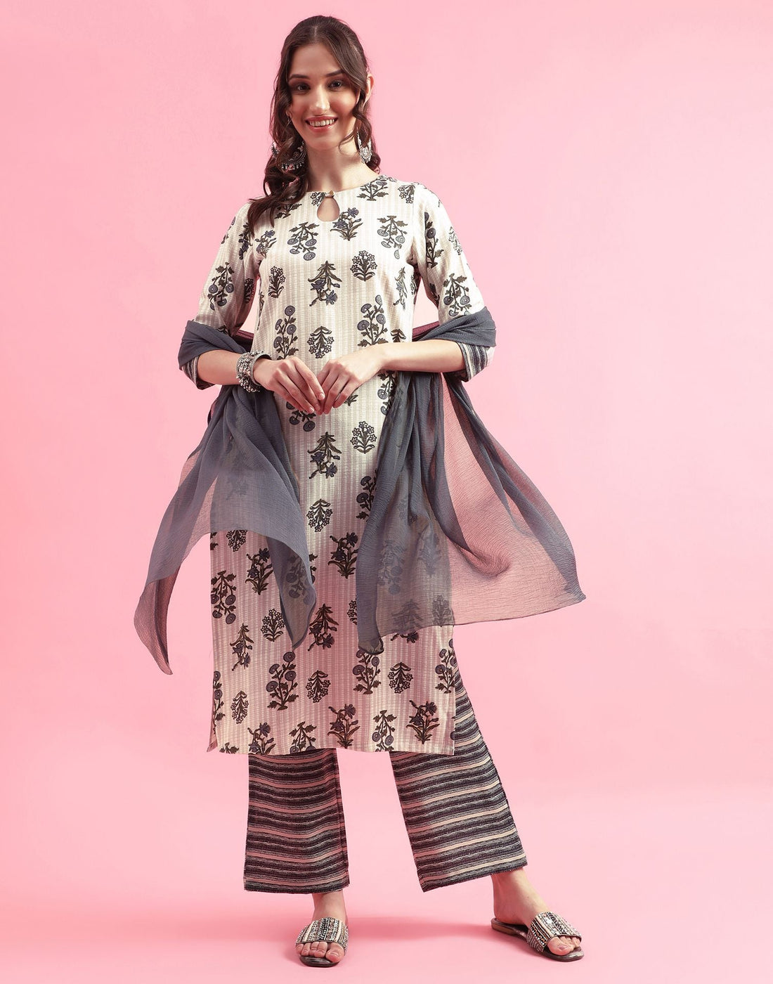 Off White Printed Cotton Straight Kurta With Pant And Dupatta