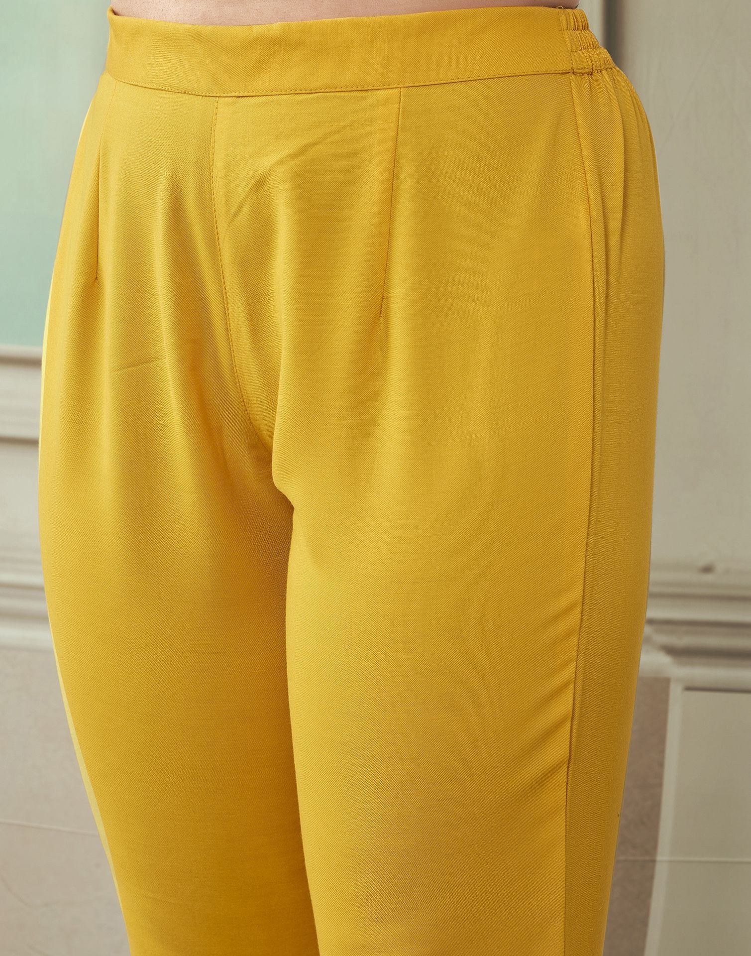 Yellow Printed Rayon A-Line Kurta With Pant And Dupatta