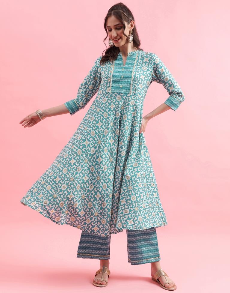 Green Cotton Printed A-Line Kurta With Pant And Dupatta