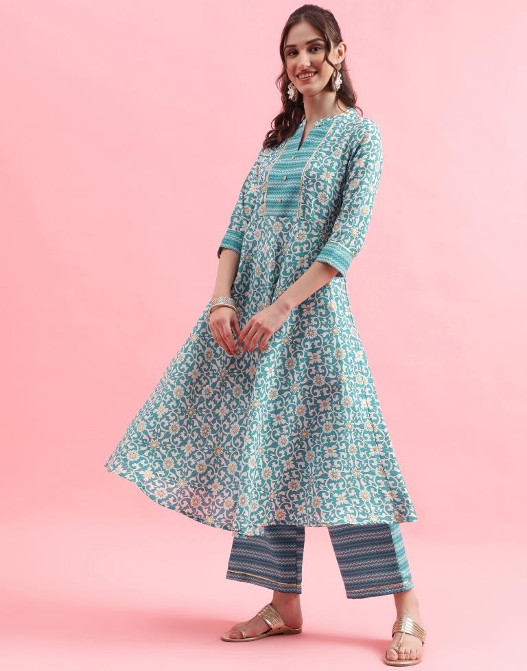 Green Cotton Printed A-Line Kurta With Pant And Dupatta