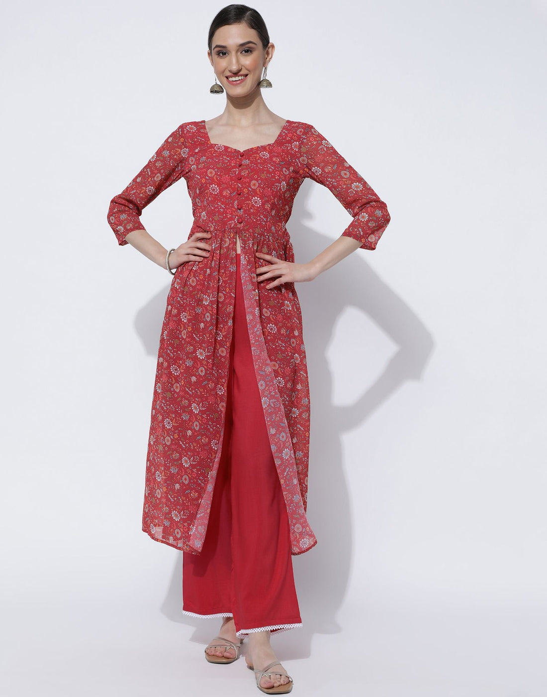 Red Printed Georgette A-Line Kurta With Pant And Dupatta