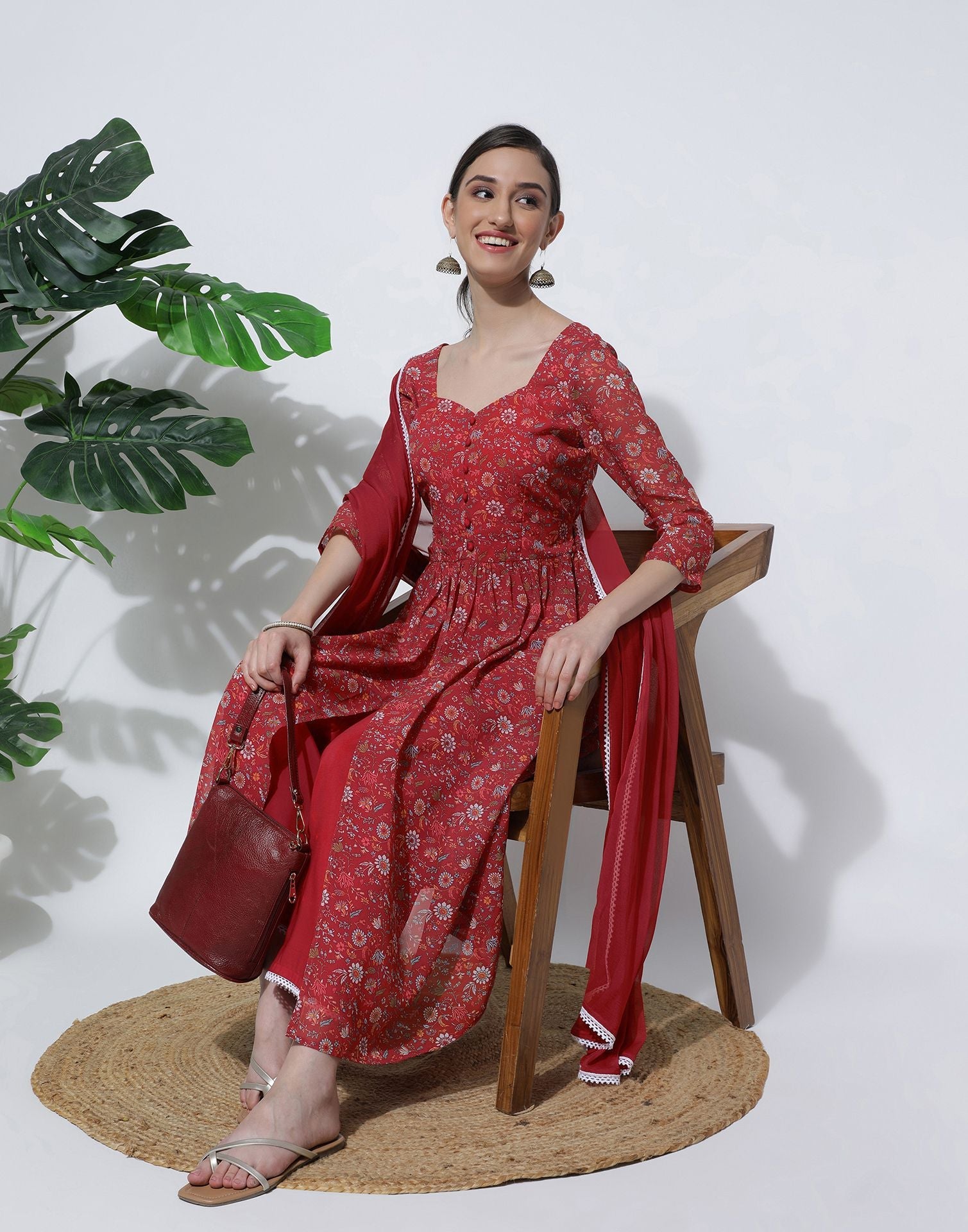 Red Printed Georgette A-Line Kurta With Pant And Dupatta