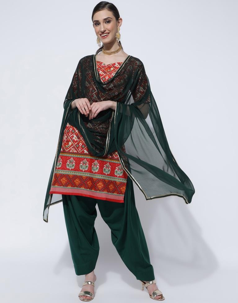 Red Printed Cotton Straight Kurta With Pant And Dupatta