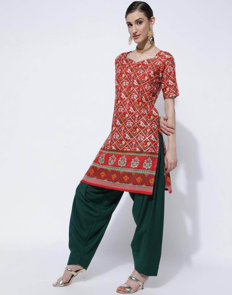 Red Printed Cotton Straight Kurta With Pant And Dupatta