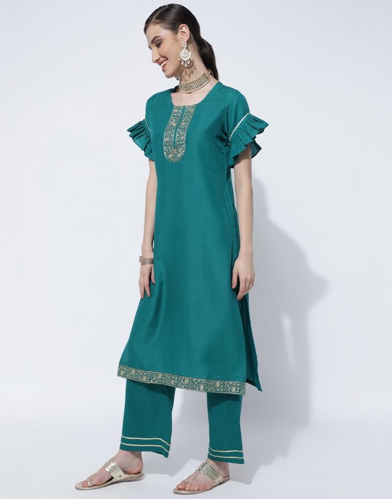 Rama Green Embroidery Chinnon Straight Kurta With Pant And Dupatta