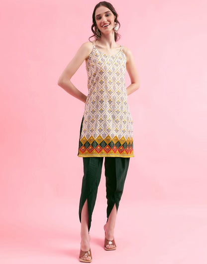 White Cotton Printed A-Line Kurta With Pant And Dupatta