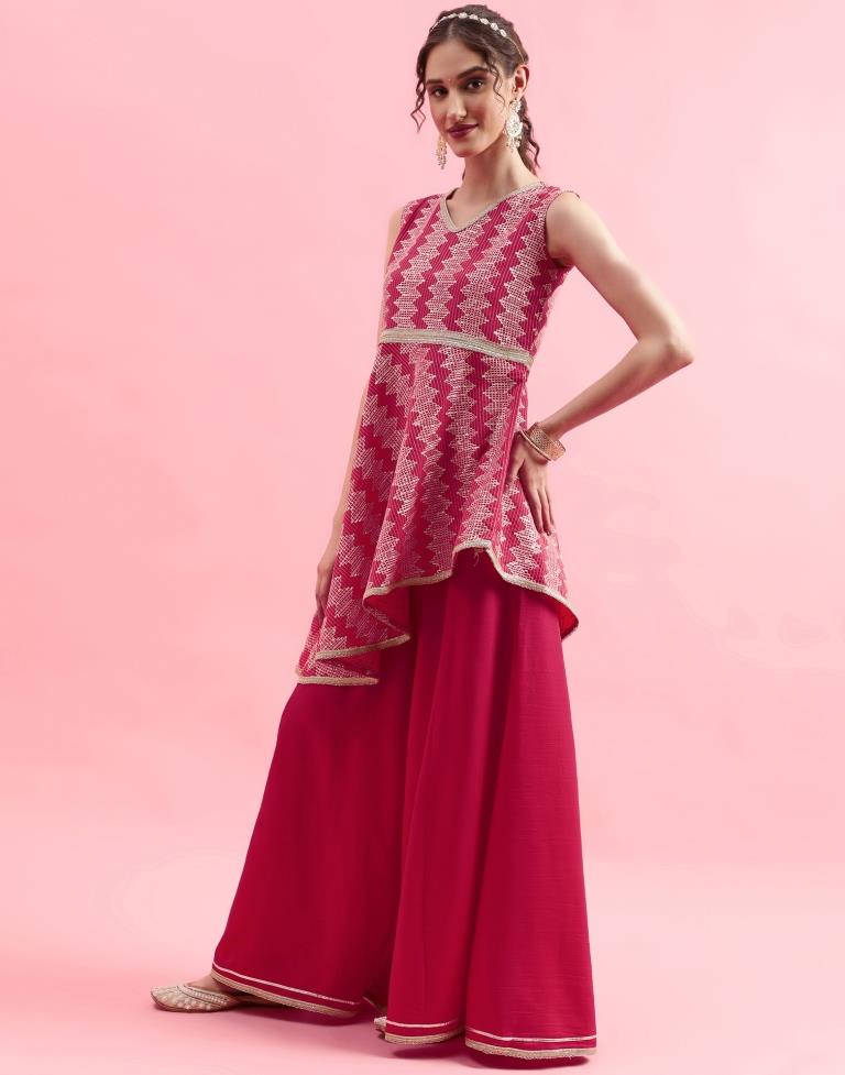 Pink Embroidery Chinnon A-line Kurta With Pant And Dupatta