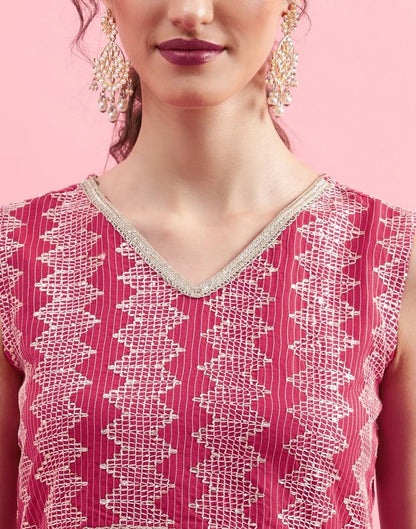 Pink Embroidery Chinnon A-line Kurta With Pant And Dupatta