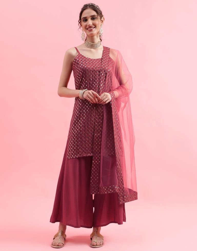 Maroon Embroidery Chinnon Straight Kurta With Pant And Dupatta