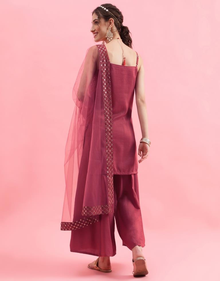 Maroon Embroidery Chinnon Straight Kurta With Pant And Dupatta
