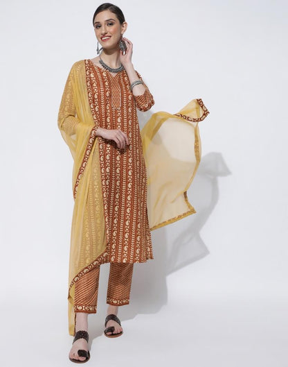 Brown Printed Kurta With Pant And Dupatta