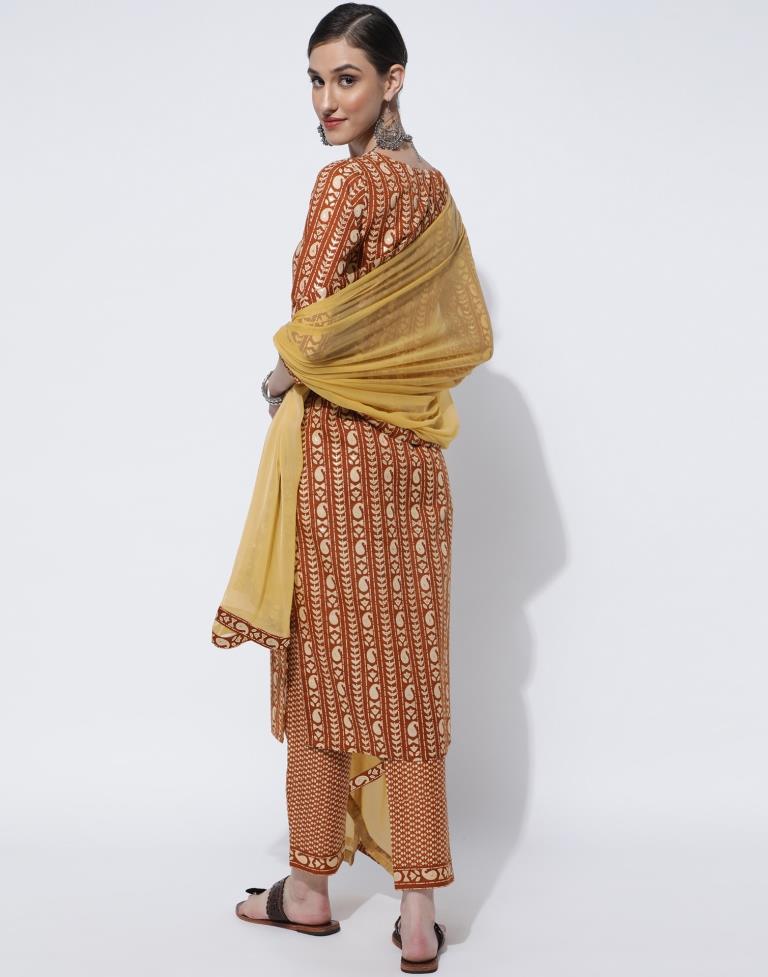 Brown Printed Kurta With Pant And Dupatta