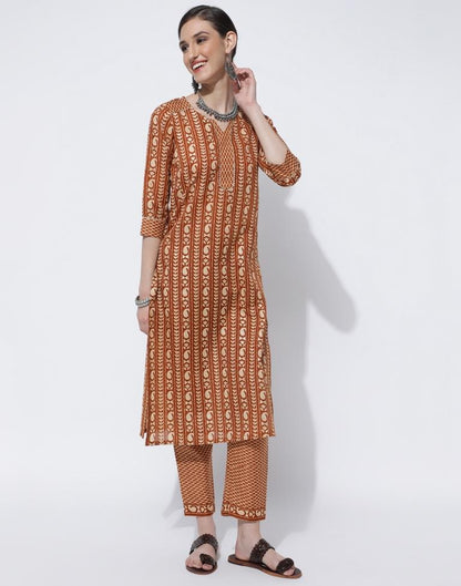 Brown Printed Kurta With Pant And Dupatta