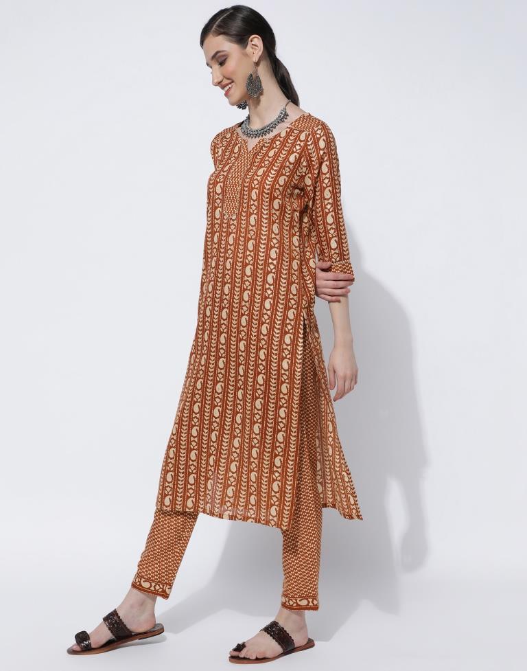 Brown Printed Kurta With Pant And Dupatta