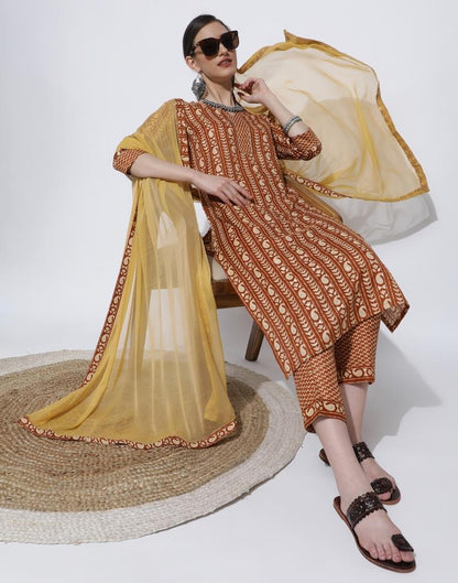 Brown Printed Kurta With Pant And Dupatta