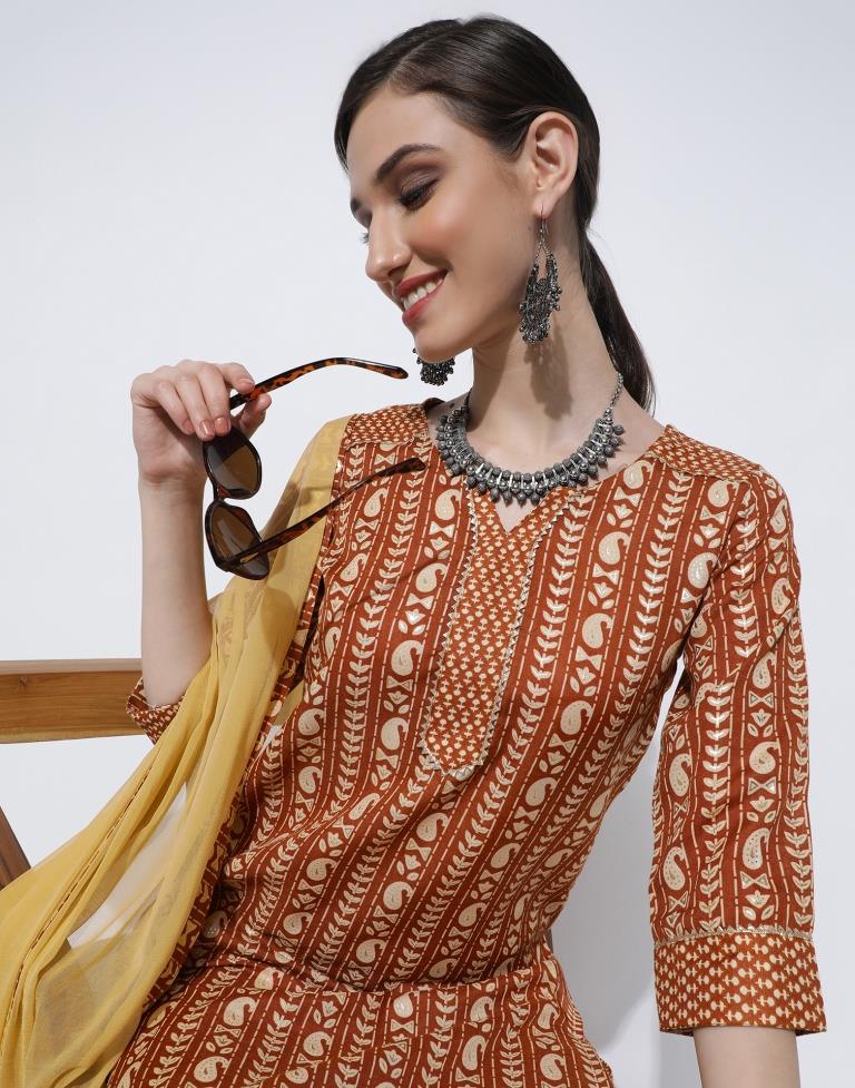 Brown Printed Kurta With Pant And Dupatta