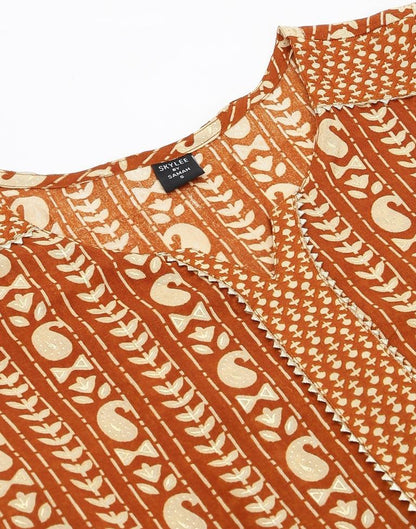 Brown Printed Kurta With Pant And Dupatta