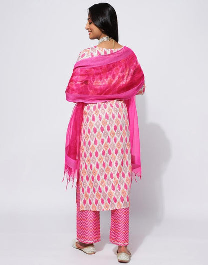 Pink Printed Rayon Straight Kurta With Pant And Dupatta