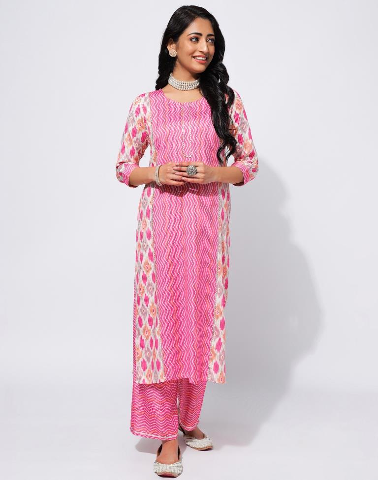 Pink Printed Rayon Straight Kurta With Pant And Dupatta