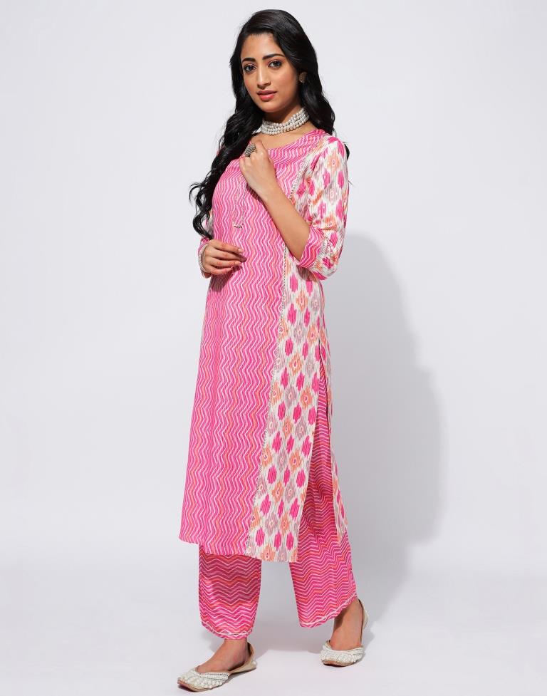 Pink Printed Rayon Straight Kurta With Pant And Dupatta