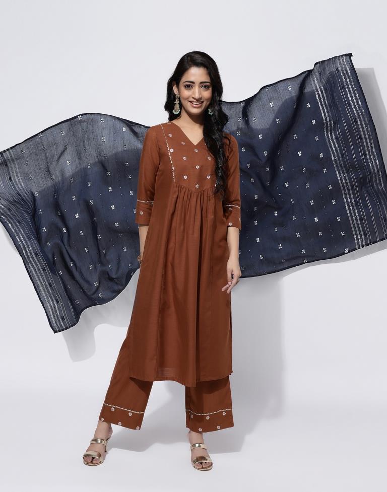 Buy FASHIRE Women's Straight Cotton Silk Stitched Kurta Set With Dupatta ( Brown) (Medium) at Amazon.in