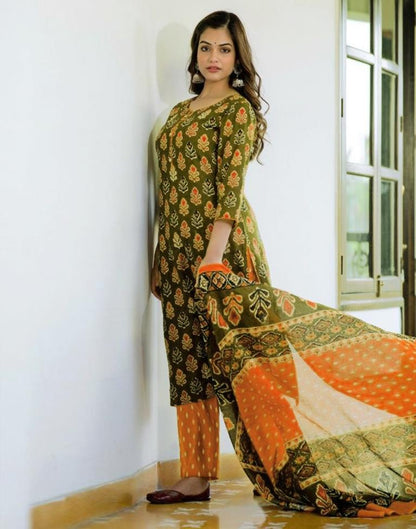 Mehndi Green Printed Rayon Straight Kurta With Pant And Dupatta