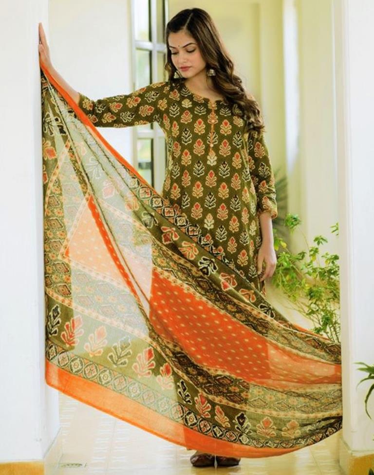 Mehndi Green Printed Rayon Straight Kurta With Pant And Dupatta