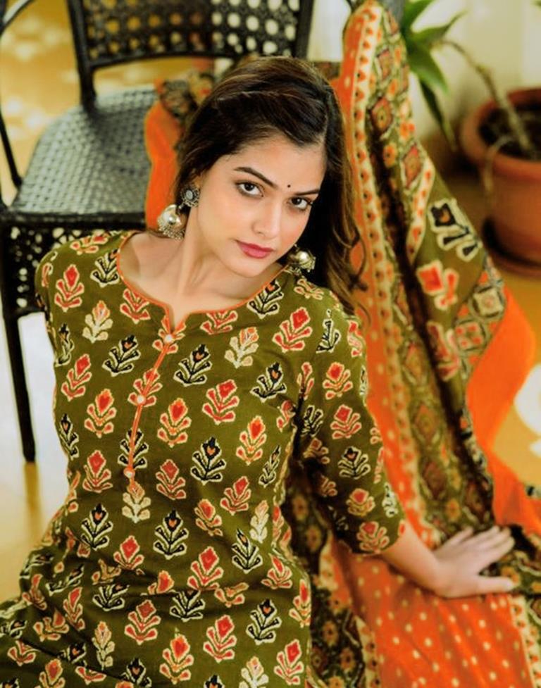 Mehndi Green Printed Rayon Straight Kurta With Pant And Dupatta