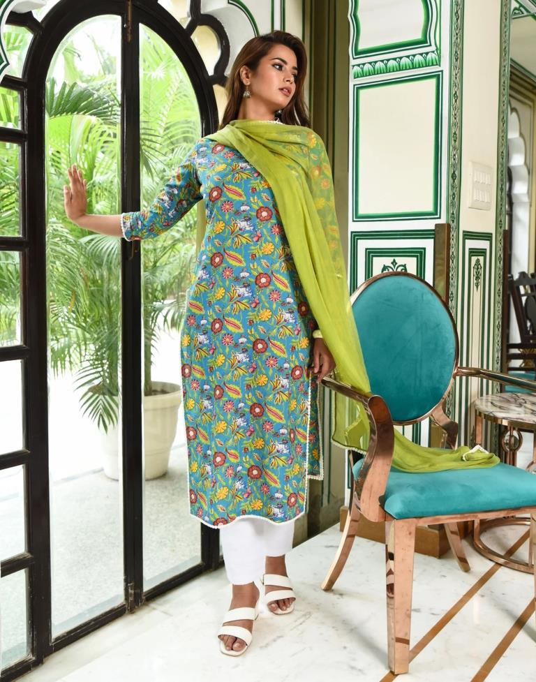 Turquoise Blue Printed Rayon Straight kurta With Pant And Dupatta