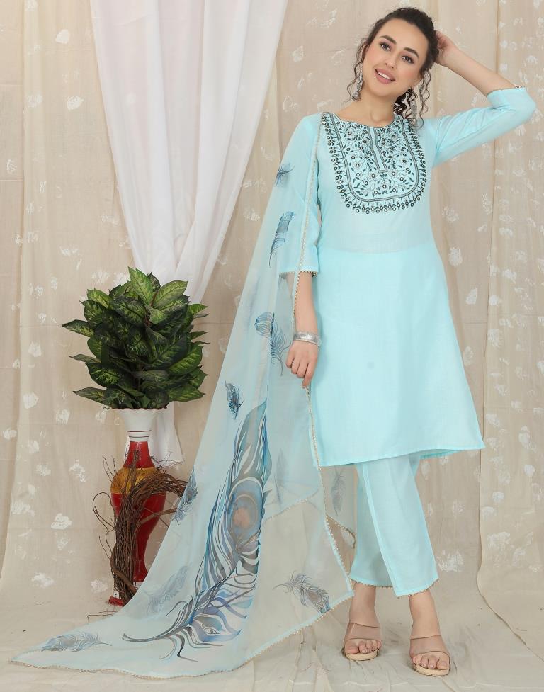 Turquoise Cotton Embroidery Straight Kurta With Pant And Dupatta | Leemboodi