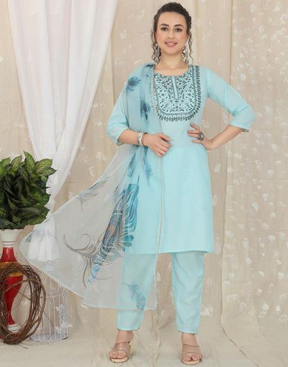 Turquoise Cotton Embroidery Straight Kurta With Pant And Dupatta | Leemboodi