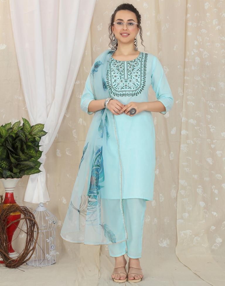 Turquoise Cotton Embroidery Straight Kurta With Pant And Dupatta | Leemboodi