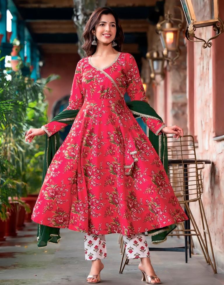 Angrakha Style Kurti Set|| Designer Angrakha Kurti Set|| Floral Angrakha  Kurti Set(Red)