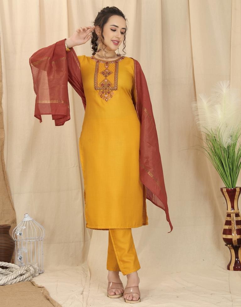 Mustard Yellow Cotton Embroidery Straight Kurta With Pant And Dupatta | Leemboodi