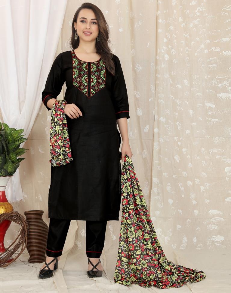 Black Cotton Embroidery Straight Kurta With Pant And Dupatta | Leemboodi