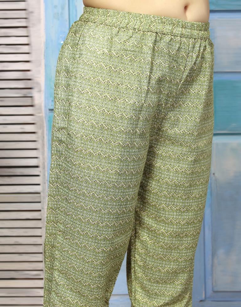 Green Cotton Printed Straight Kurta Kurti With Pant And Dupatta | Leemboodi