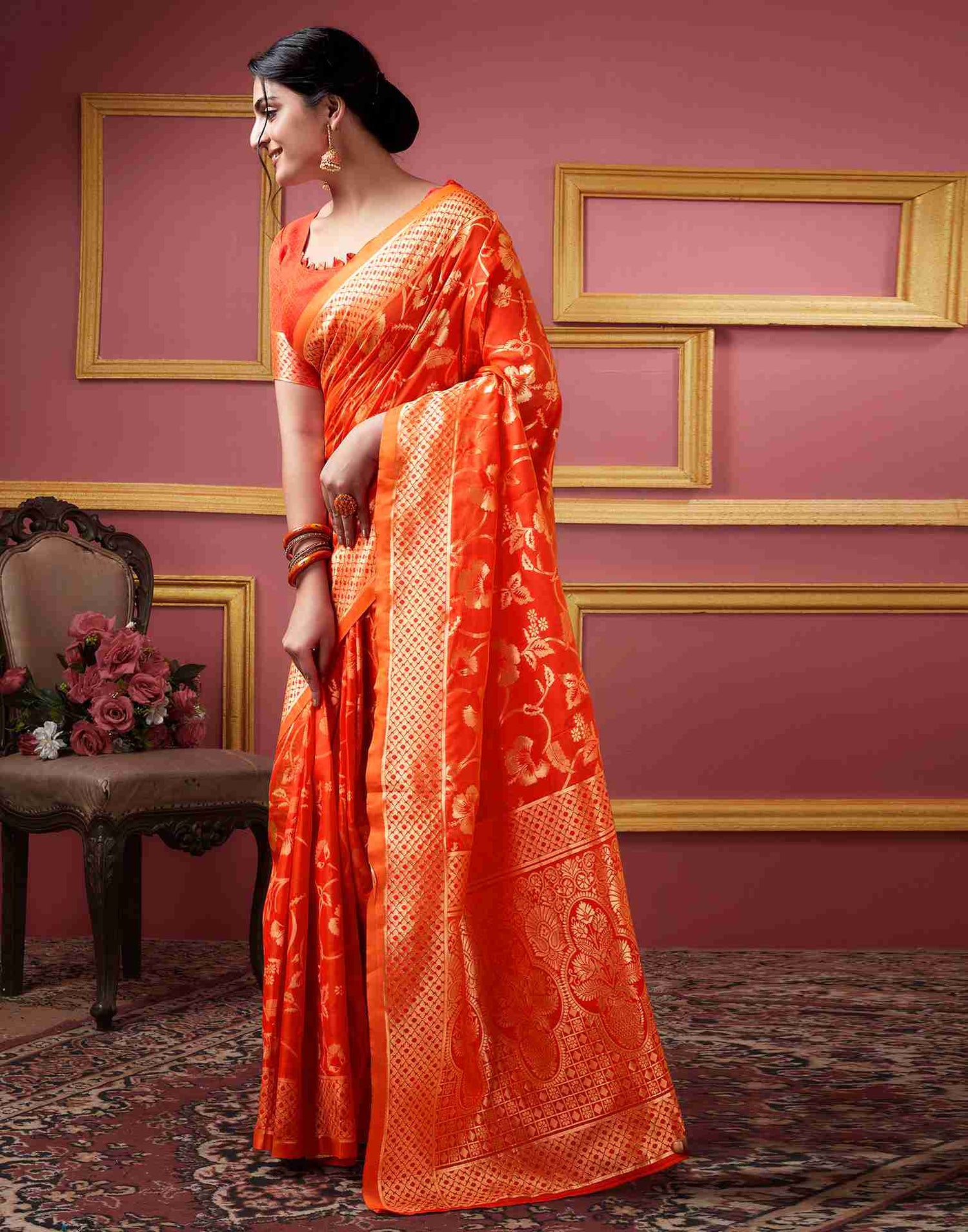 Orange Silk Plain Saree