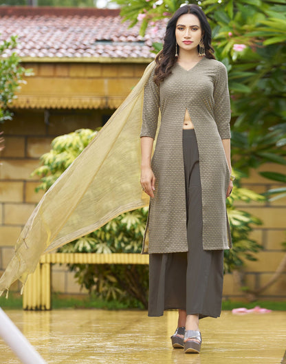 Beige Woven Chinnon A-Line Kurta With Pant And Dupatta